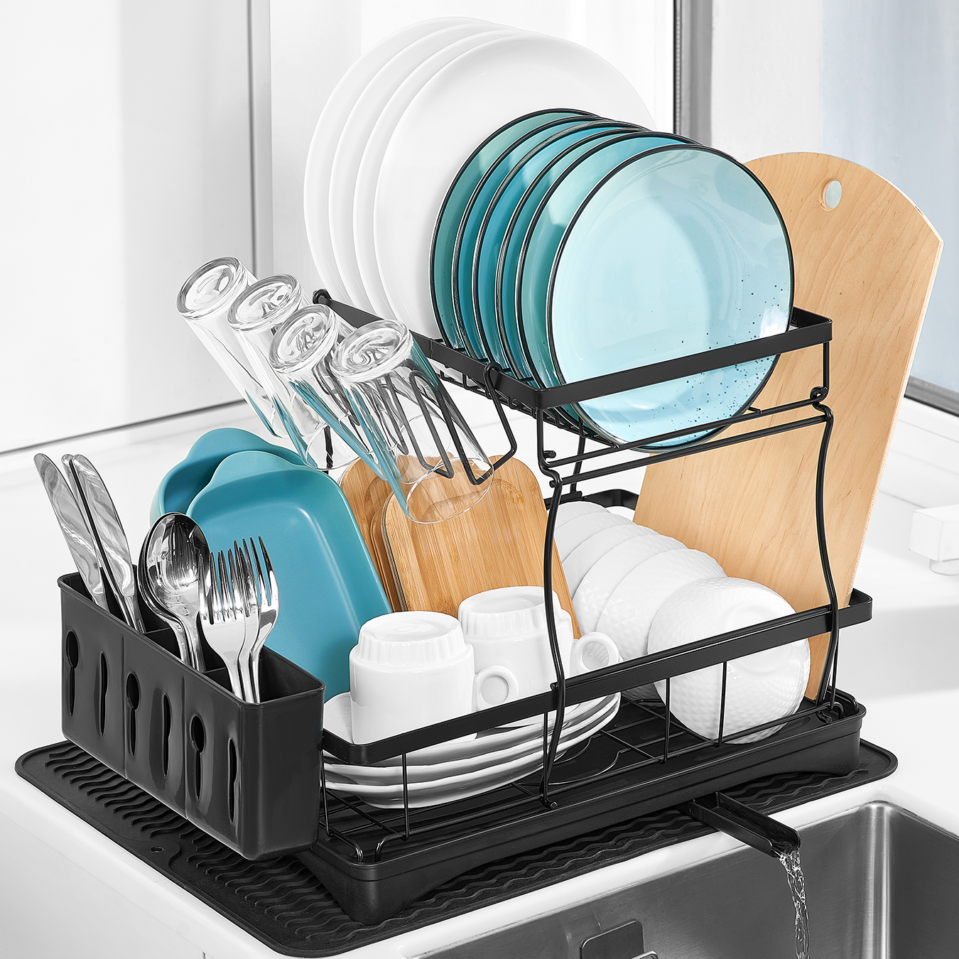 Over The Sink Dish Drying Rack Stainless Steel 2 Tier Durable Dish Drainer  Black