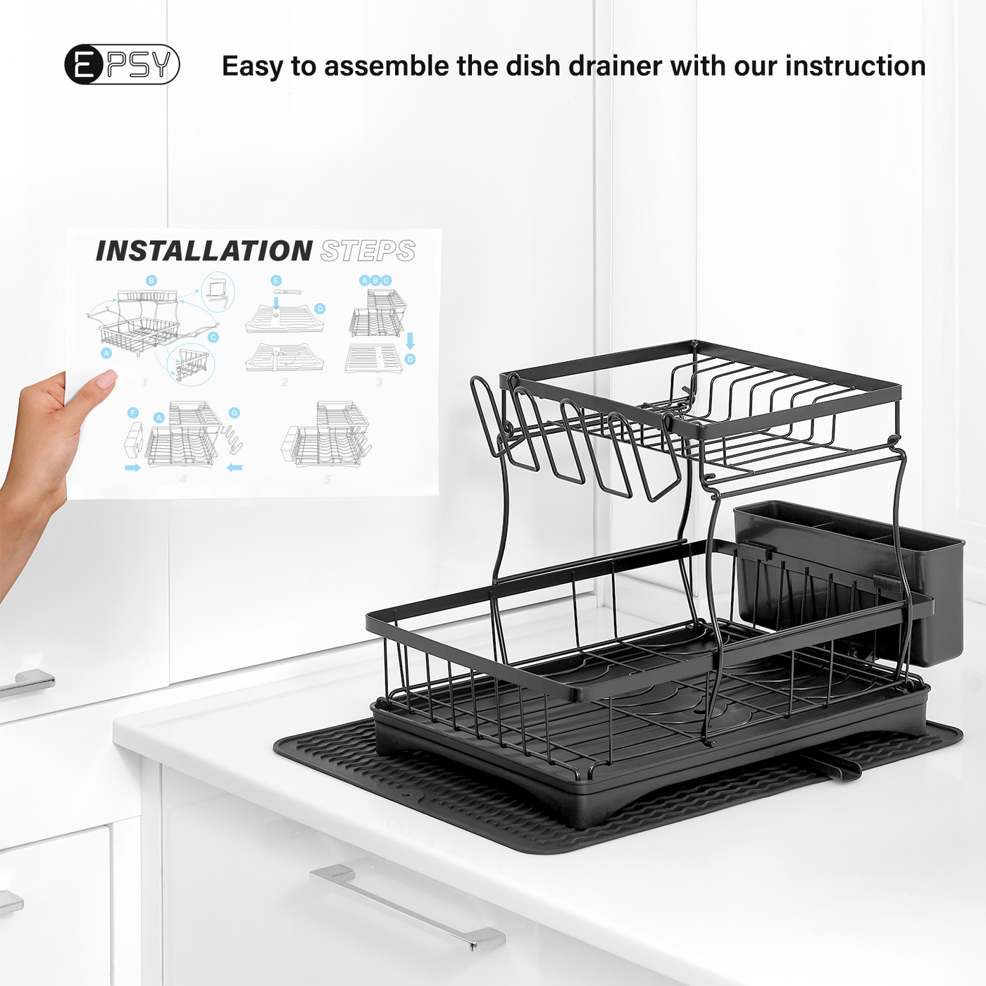 Dish Drying Rack,2-Tier Dish Racks for Kitchen Counter with Drainboard  (Black)..